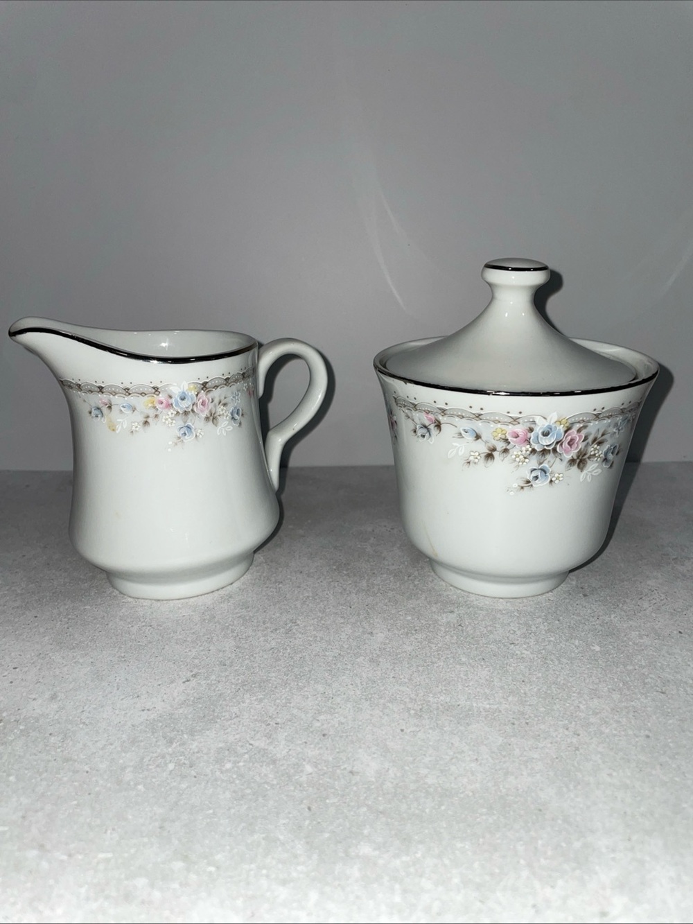 Vintage Ranmaru Rose Point Creamer & Lidded Sugar Bowl Set Crescent Fine China
